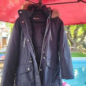 Puffy coat with faux fur ringed hood, black, women's small.